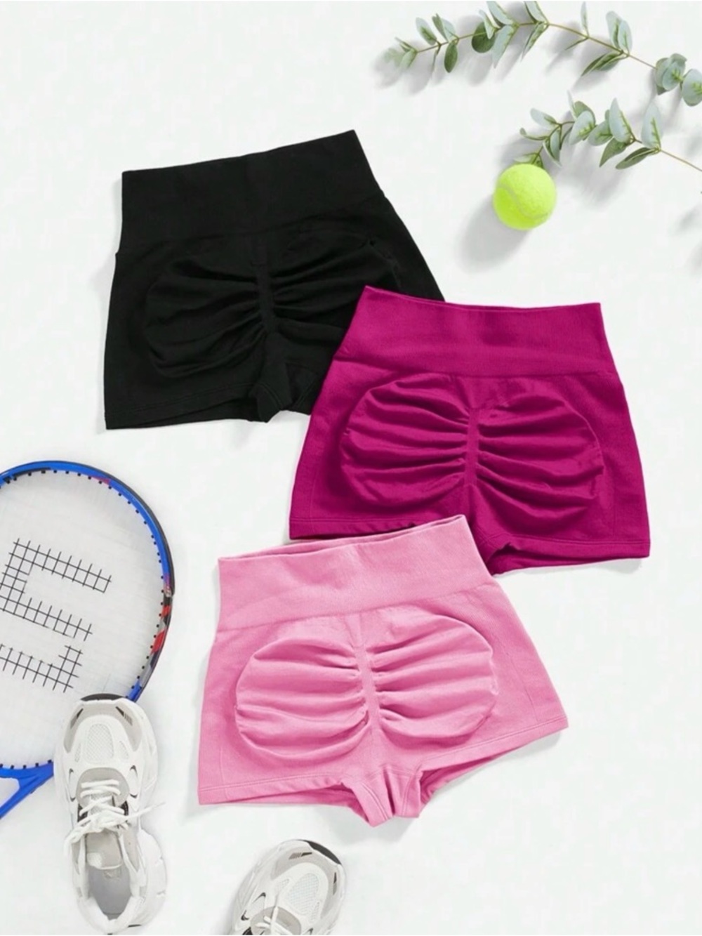 SHEIN Black, Fuchsia & Light Pink Athletic Ruched High-Waist Shorts Trio